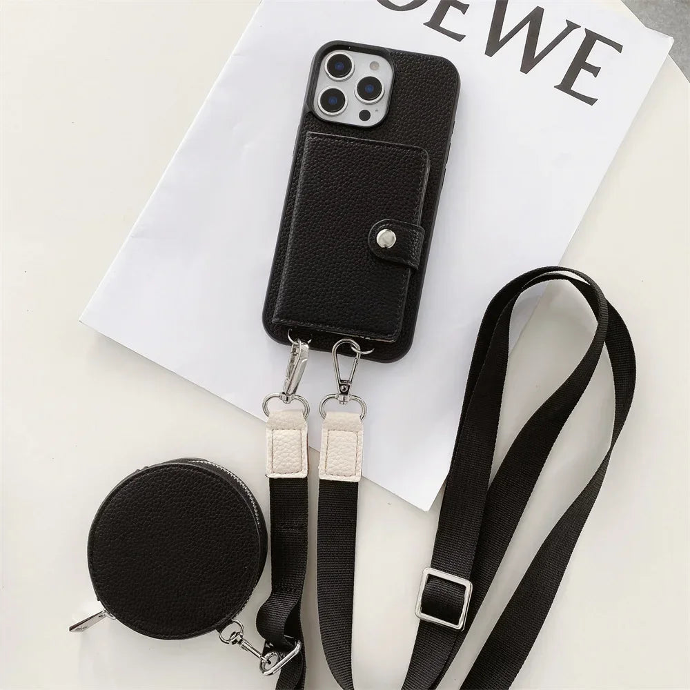 Luxury Crossbody Wallet iPhone Case – Card Slot, Coin Purse, Leather Lanyard, Protective & Stylish Cover | Case for iPhone