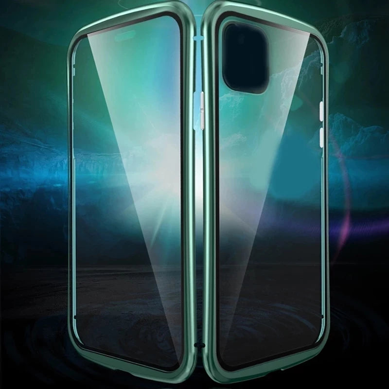 Hochwertige iPhone Hülle: Metallrahmen und doppelseitigem Glas | MagSafe-kompatible, Magnetische Adsorption, 360° Vollschutz Case | Stoßfest Glasobjektiv-Kameraschutz Panzer-Schutzhülle | Apple iPhone 17/17 Air, 16/16e, 15, 14, 13 Pro Max Plus Cover