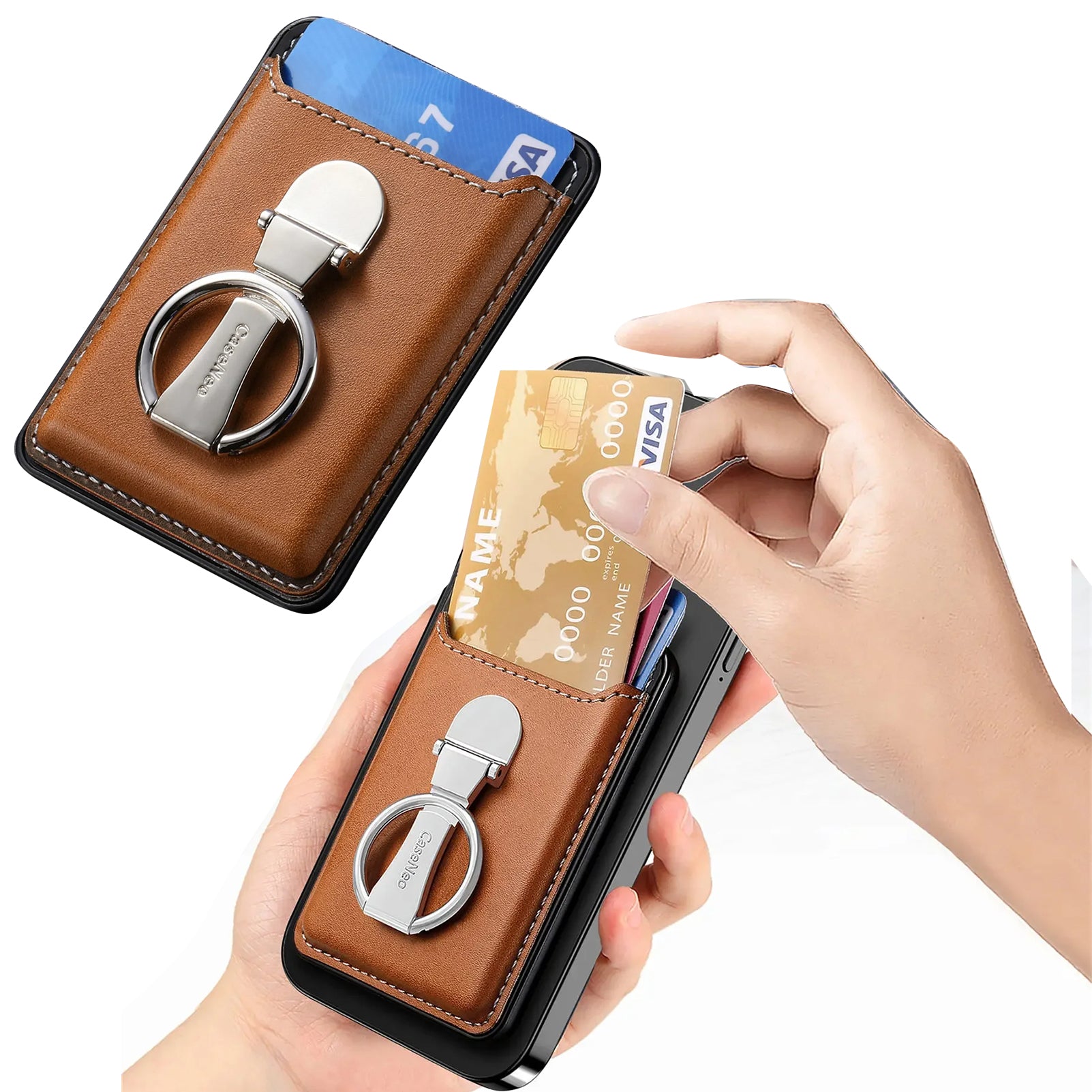 Hochwertige Leder MagSafe Brieftasche mit Kartenfächern: Klapp-Ringhalter & für iPhone 16/15/14/13/12 Pro - Phone Heaven Zone