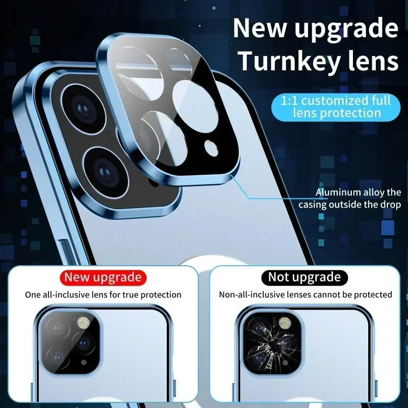 Hochwertige iPhone Hülle mit 360° Vollversiegeltem Schutz aus Glas und Metall | MagSafe-kompatible Schutzhülle mit Rundumschutz, Kameralinsenschutz für Apple iPhone 17/17 Air, 16/16e, 15, 14, 13 Pro Max, Pro, Plus Cover | Panzertasche Stoßstangenabdeckung