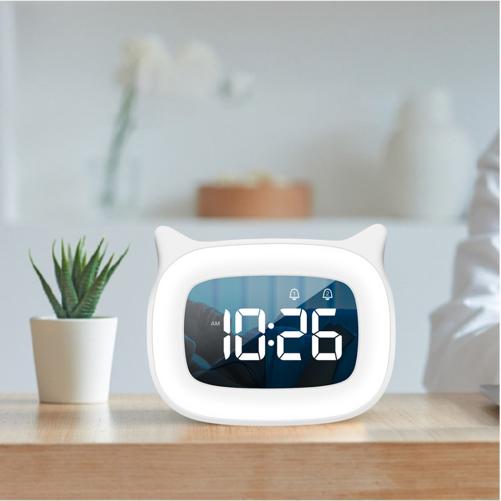 Premium Wiederaufladbarer Digitaler Wecker mit Katzen-Design: Nachtlicht, Touch-Snooze, Always-On Display, 12/24h, Dual-Alarm, Musik, LED-Tischuhr