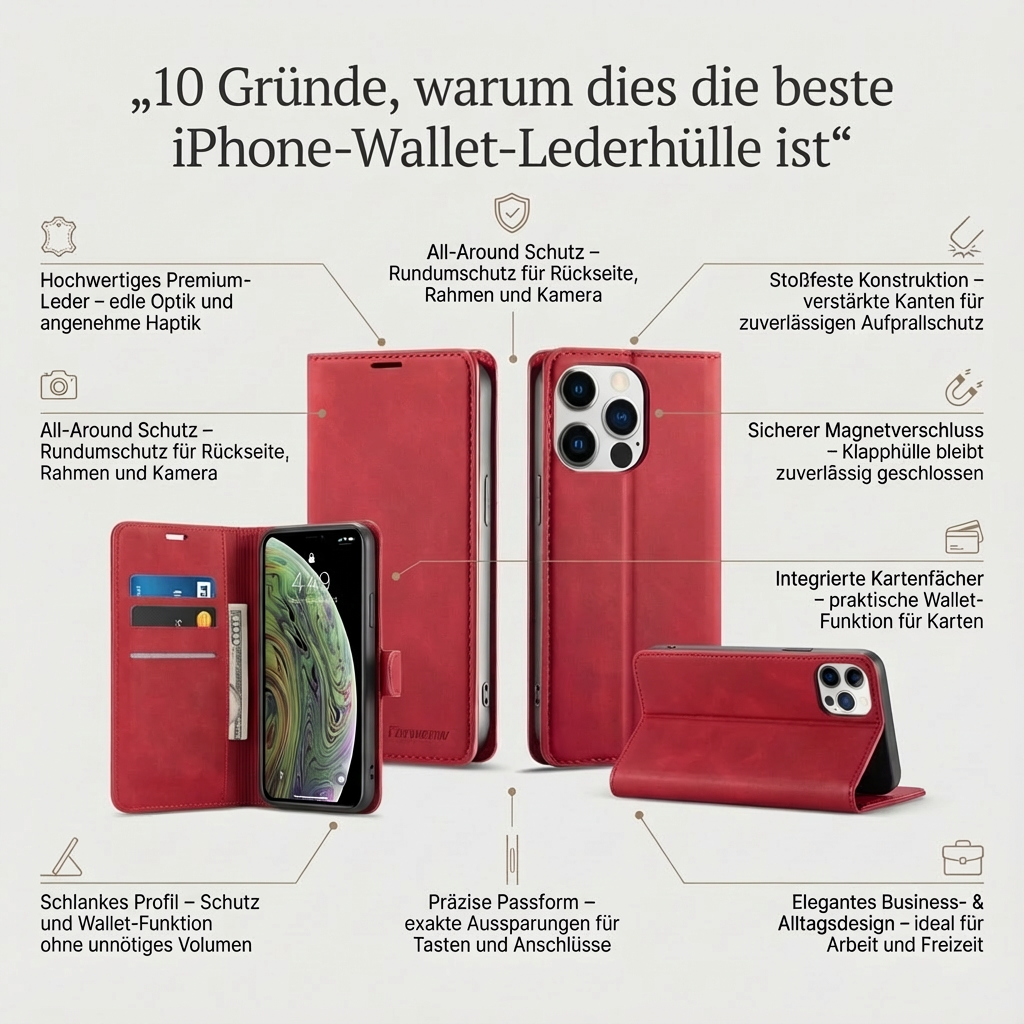 Geldbörse Flip Leder iPhone Hülle mit Portmonee Funktion, Kartensteckplatz, Magnetverschluss, Kartenfach & Standfunktion | Luxus Business Klapp Wallet Case Stoßfestes Cover mit Kameraschutz | Stoßfänger Sturzsichere Handyschutzhülle