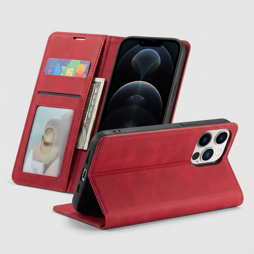 Geldbörse Flip Leder iPhone Hülle mit Portmonee Funktion, Kartensteckplatz, Magnetverschluss, Kartenfach & Standfunktion | Luxus Business Klapp Wallet Case Stoßfestes Cover mit Kameraschutz | Stoßfänger Sturzsichere Handyschutzhülle