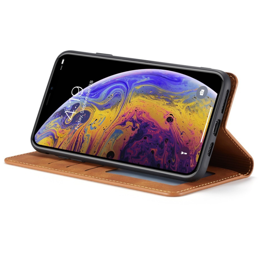 Geldbörse Flip Leder iPhone Hülle mit Portmonee Funktion, Kartensteckplatz, Magnetverschluss, Kartenfach & Standfunktion | Luxus Business Klapp Wallet Case Stoßfestes Cover mit Kameraschutz | Stoßfänger Sturzsichere Handyschutzhülle