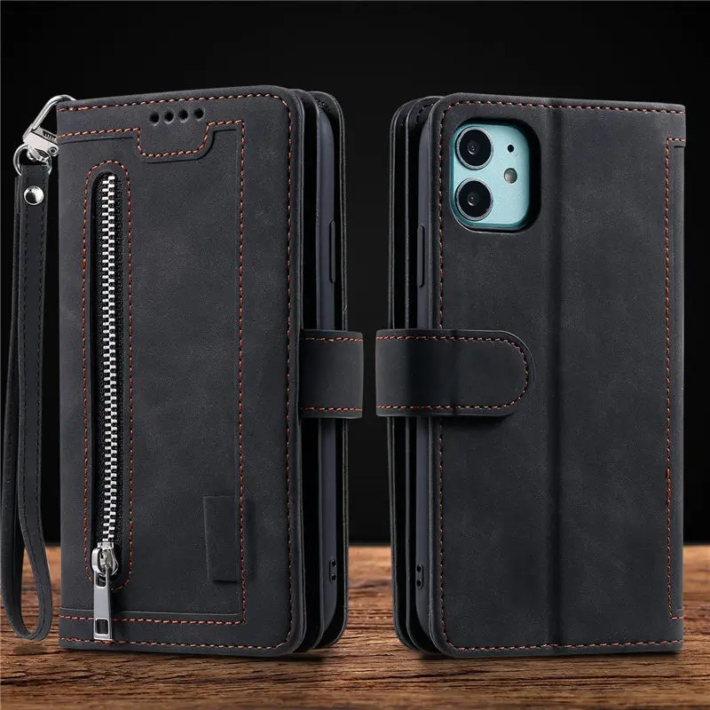Hochwertige Leder-Handyhülle mit Reißverschluss, Kartenhalter, Stand und Riemen iPhone Hülle | Flip-Cover Case für Apple iPhone 17/17 Air, 16/16e, 15, 14, 13, 12 Pro Max, Pro, Plus & Mini - Vielseitige Schutzhülle