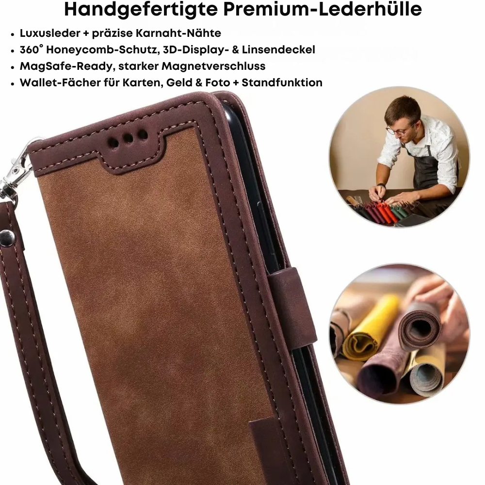 Hochwertiges Leder Flip Cover Geldbörse mit Magnetverschluss und SIM-Kartenfach iPhone Hülle | MagSafe Case, Rundumschutz und Kameralinsenschutzabdeckung für Apple iPhone 16/16e/15/14/13/12 Pro Max Plus Mini | Panzer Handyhülle, Premium Wallet Schutzhülle