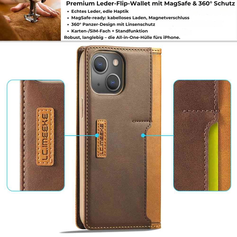 Hochwertiges Leder Flip Cover Geldbörse mit Magnetverschluss und SIM-Kartenfach iPhone Hülle | MagSafe Case, Rundumschutz und Kameralinsenschutzabdeckung für Apple iPhone 16/16e/15/14/13/12 Pro Max Plus Mini | Panzer Handyhülle, Premium Wallet Schutzhülle