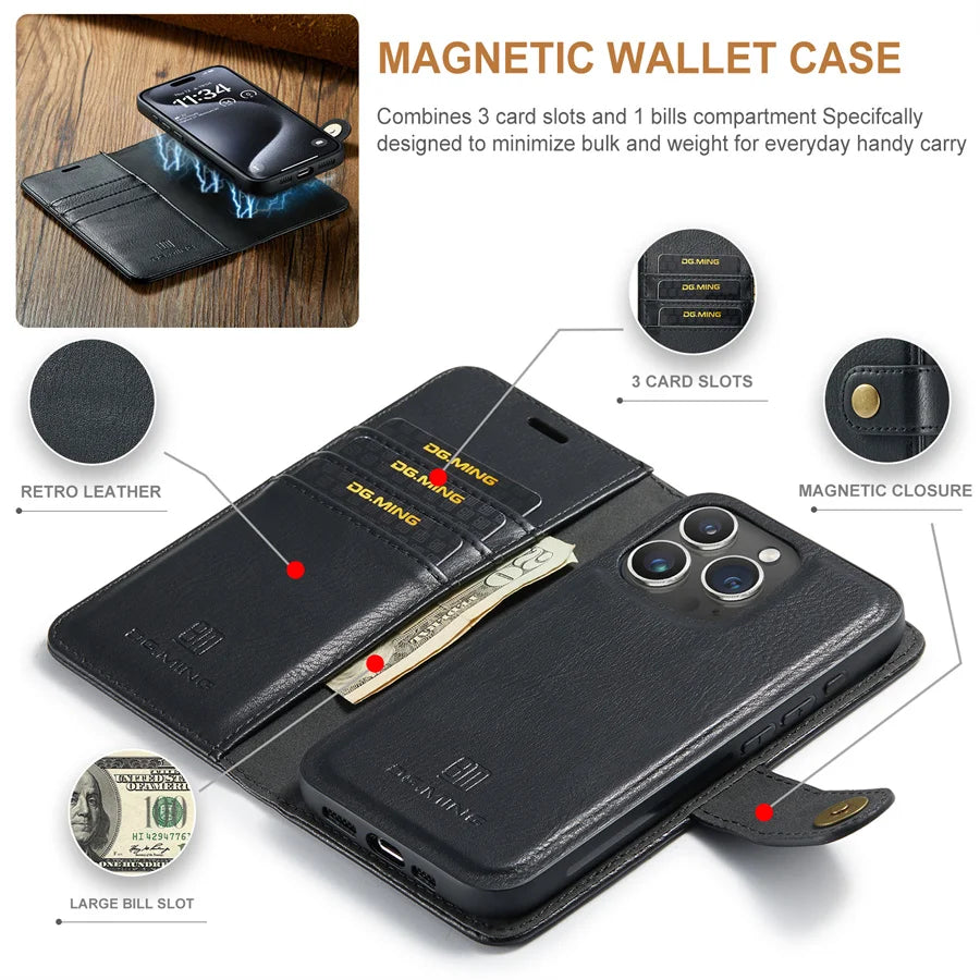 Hochwertige Abnehmbare Magnetische Leder iPhone Hülle | MagSafe Case mit Brieftasche & Kartenhalter für Apple iPhone 17/17 Air, 16/16e, 15, 14, 13 Pro Max, Plus - Rundumschutz Cover mit Kameralinsenschutz | Panzertasche & Wallet Schutzhülle