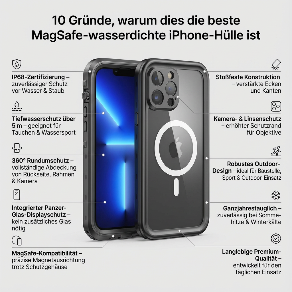 Militärstandard Wasserdichte IP68 iPhone Hülle mit MagSafe: Für Tauchen, Outdoor-Sport & Baustellen | Full Case Armor 360 Grad mit Kamera- und Bildschirmschutz | Stoßfest & Langlebig | Premium Sturzsichere Transparente Panzer-Handyschutzhülle Cover