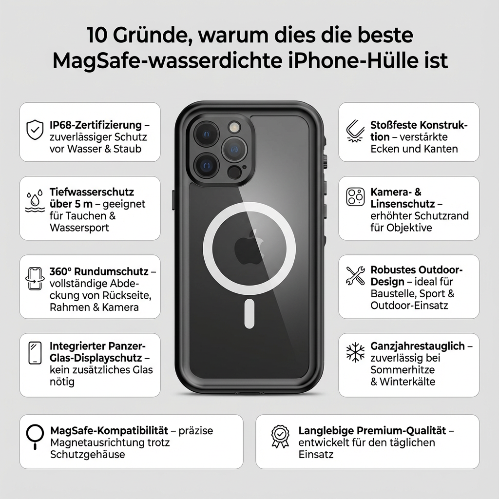 Militärstandard Wasserdichte IP68 iPhone Hülle mit MagSafe: Für Tauchen, Outdoor-Sport & Baustellen | Full Case Armor 360 Grad mit Kamera- und Bildschirmschutz | Stoßfest & Langlebig | Premium Sturzsichere Transparente Panzer-Handyschutzhülle Cover