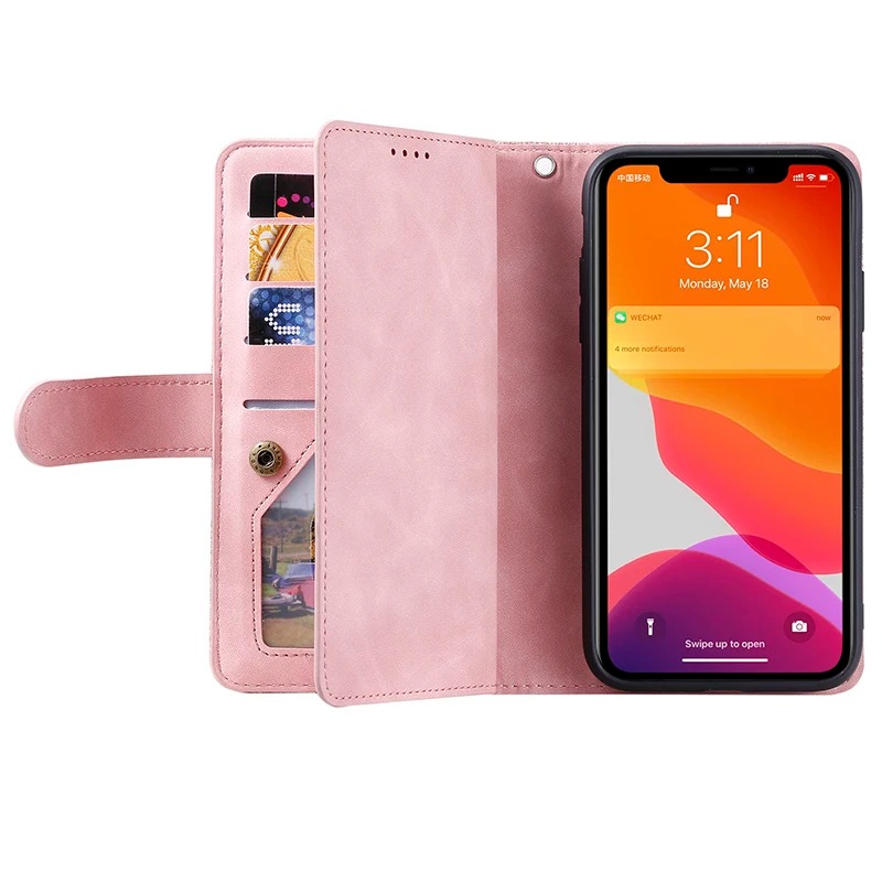 Hochwertige Leder-Handyhülle mit Reißverschluss, Kartenhalter, Stand und Riemen iPhone Hülle | Flip-Cover Case für Apple iPhone 17/17 Air, 16/16e, 15, 14, 13, 12 Pro Max, Pro, Plus & Mini - Vielseitige Schutzhülle