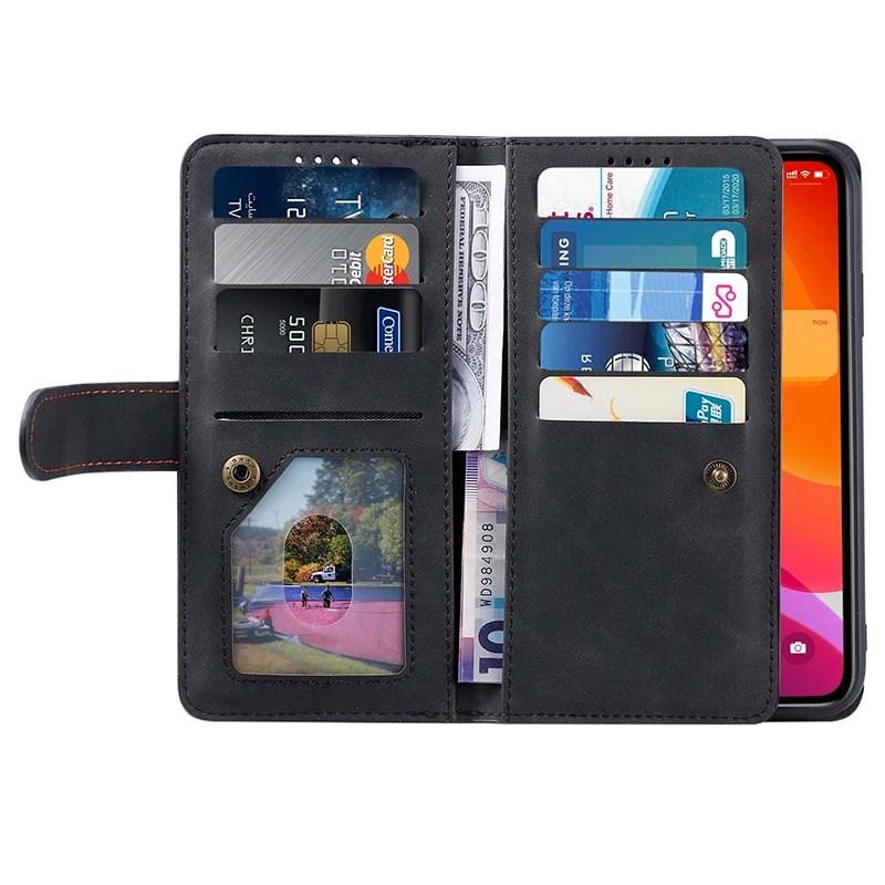Hochwertige Leder-Handyhülle mit Reißverschluss, Kartenhalter, Stand und Riemen iPhone Hülle | Flip-Cover Case für Apple iPhone 17/17 Air, 16/16e, 15, 14, 13, 12 Pro Max, Pro, Plus & Mini - Vielseitige Schutzhülle
