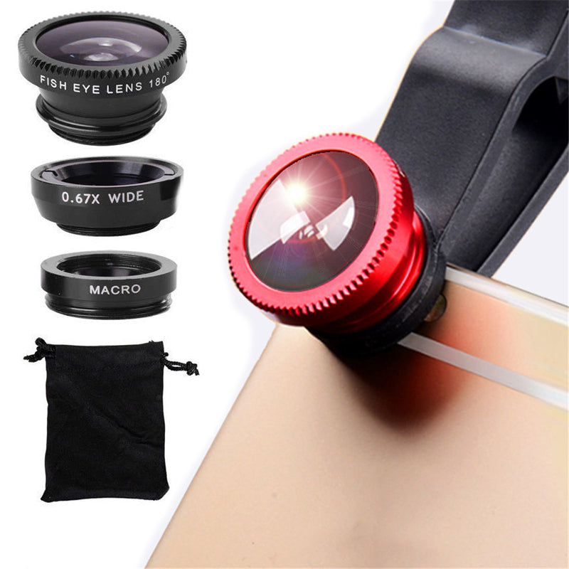 3-in-1 Hochwertiges Fisheye-Telefonobjektiv 0,67X Weitwinkel-Zoom Fish-Makro-Objektiv-Kamera-Kit mit Clip-Objektiv
