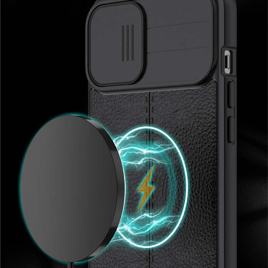 Hochwertiges Kamera Slider Objektiv mit luxuriöser Leder Textur iPhone Hülle | MagSafe Case mit Rundumschutz und Kameralinsenschutzabdeckung für Apple iPhone 17/17 Air, 16/16e, 15, 14, 13 Pro Max Plus Cover | Panzertasche Handyhülle | Premium Schutzhülle