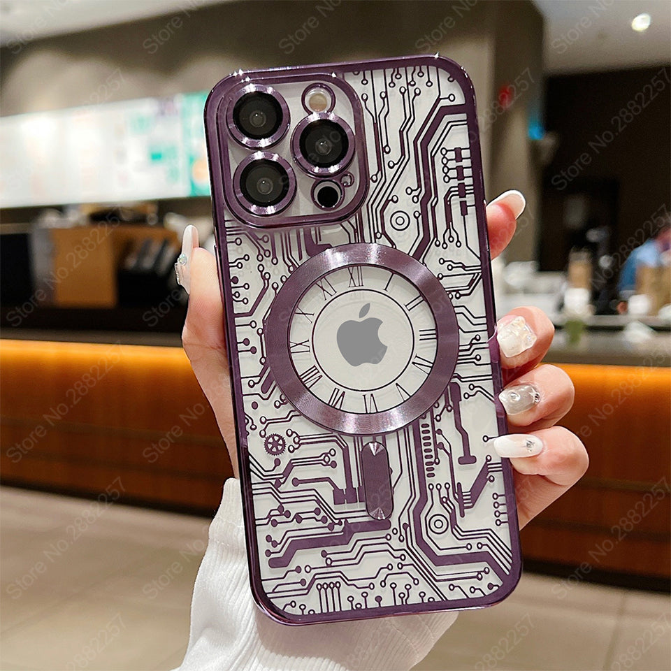 Premium Mechanische Uhr Textur Design Magnetische MagSafe Transparente iPhone-Hülle | Rundumschutz & Kameralinsenschutz Case für Apple iPhone 17/17 Air, 16/16e, 15, 14, 13 Pro Max Plus Cover | Stoßfeste Handyhülle mit Panzertasche & Stoßstangenabdeckung