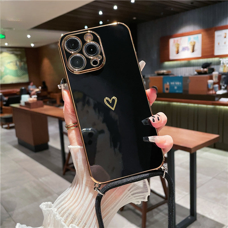 Premium Crossbody Strap Lanyard iPhone Hülle mit Luxus-Beschichtung Liebe-Herz-Design Weiche Silikon | MagSafe Case mit Kameralinsenschutzabdeckung für Apple iPhone 17/17 Air, 16/16e, 15, 14, 13 Pro Max Plus Cover – Umhängeband, Schulterriemen Schutzhülle