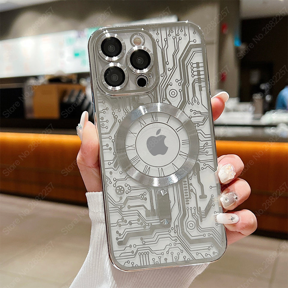 Premium Mechanische Uhr Textur Design Magnetische MagSafe Transparente iPhone-Hülle | Rundumschutz & Kameralinsenschutz Case für Apple iPhone 17/17 Air, 16/16e, 15, 14, 13 Pro Max Plus Cover | Stoßfeste Handyhülle mit Panzertasche & Stoßstangenabdeckung