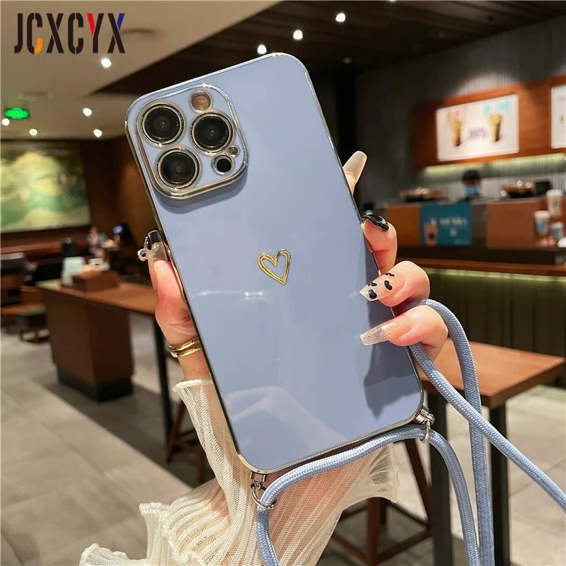 Premium Crossbody Strap Lanyard iPhone Hülle mit Luxus-Beschichtung Liebe-Herz-Design Weiche Silikon | MagSafe Case mit Kameralinsenschutzabdeckung für Apple iPhone 17/17 Air, 16/16e, 15, 14, 13 Pro Max Plus Cover – Umhängeband, Schulterriemen Schutzhülle