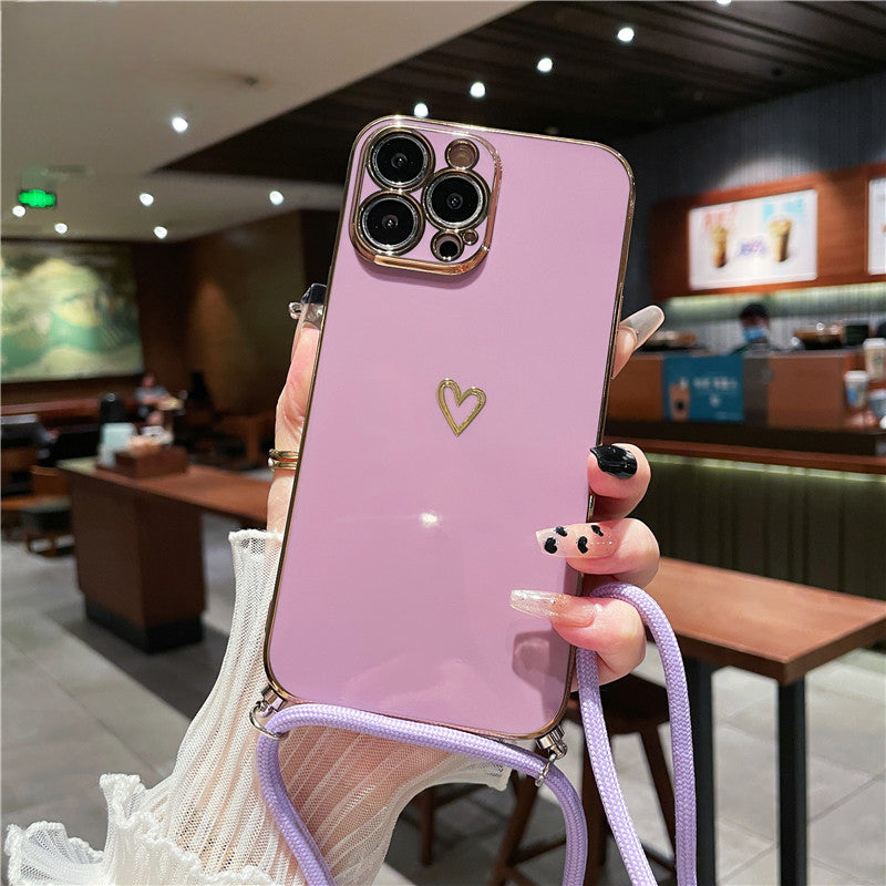 Premium Crossbody Strap Lanyard iPhone Hülle mit Luxus-Beschichtung Liebe-Herz-Design Weiche Silikon | MagSafe Case mit Kameralinsenschutzabdeckung für Apple iPhone 17/17 Air, 16/16e, 15, 14, 13 Pro Max Plus Cover – Umhängeband, Schulterriemen Schutzhülle