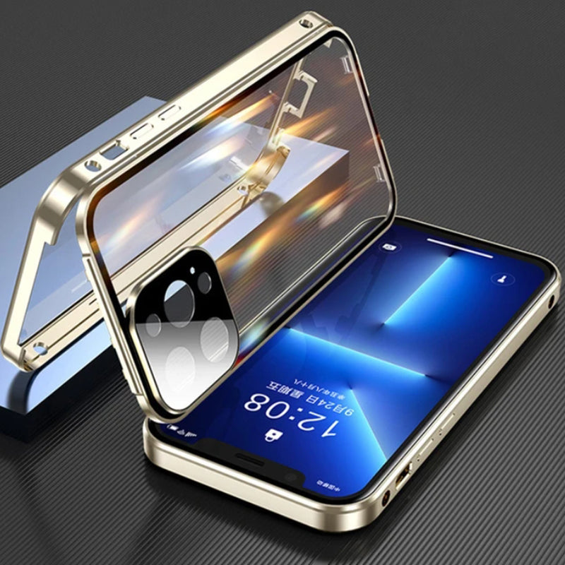 Hochwertige iPhone Hülle mit 360° Vollversiegeltem Schutz aus Glas und Metall | MagSafe-kompatible Schutzhülle mit Rundumschutz, Kameralinsenschutz für Apple iPhone 17/17 Air, 16/16e, 15, 14, 13 Pro Max, Pro, Plus Cover | Panzertasche Stoßstangenabdeckung