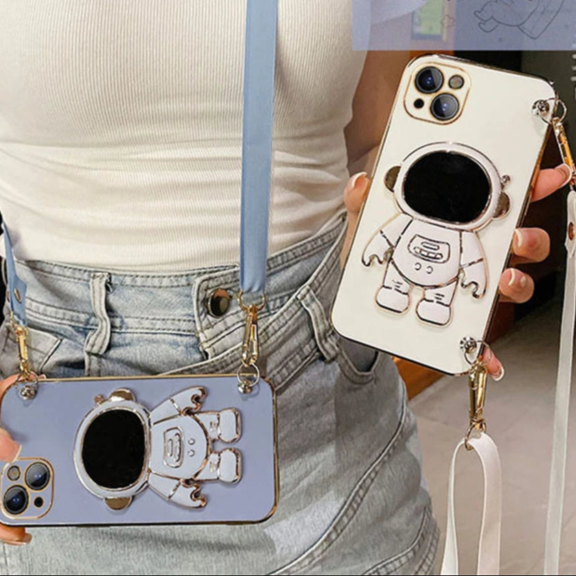 Luxus Crossbody-Lanyard Astronauten-Telefonhalterung und Ständer iPhone Hülle | MagSafe Case mit Rundumschutz und Kameralinsenschutzabdeckung für Apple iPhone 17/17 Air, 16/16e, 15, 14, 13 Pro Max Plus Cover | Panzertasche Handyhülle | Premium Schutzhülle