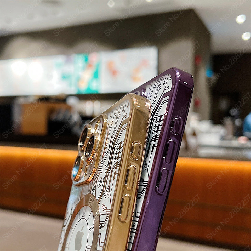 Premium Mechanische Uhr Textur Design Magnetische MagSafe Transparente iPhone-Hülle | Rundumschutz & Kameralinsenschutz Case für Apple iPhone 17/17 Air, 16/16e, 15, 14, 13 Pro Max Plus Cover | Stoßfeste Handyhülle mit Panzertasche & Stoßstangenabdeckung