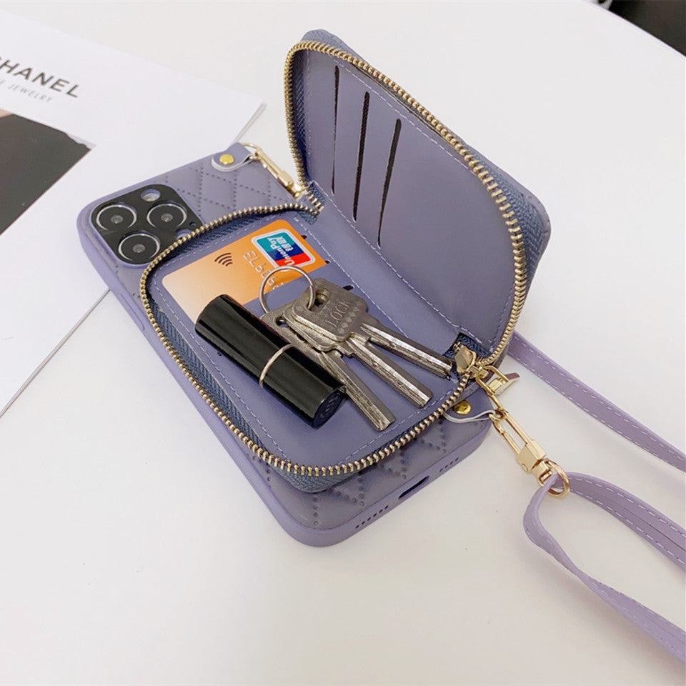 Luxus Leder Geldbörse Reißverschluss Crossbody Lanyard iPhone Hülle | MagSafe Case, Kameralinsenschutzabdeckung: Apple iPhone 17/17 Air, 16/16e, 15, 14, 13 Pro Max Plus Cover – Umhängeband, Schulterriemen, Kartenhalter Handyhülle | Premium Schutzhülle