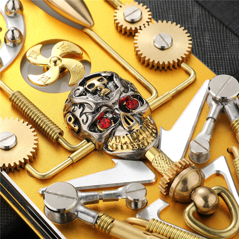 Premium Mechanisches Gaming-Design: Stoßfeste Metall-Handyhülle mit Zahnrad, Ständer | Aluminium-Kühlung, Schädel-Kompass-Case für Apple iPhone 17/17 Air, 16/16e, 15, 14, 13, 12 Pro Max Plus Mini | MagSafe Case, Rundumschutz & Kameralinsenschutz