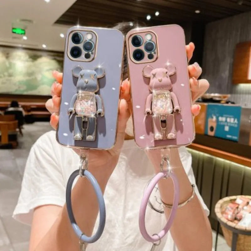 Luxus 3D Bärenhalterung Crossbody Armband mit Riemen & Lanyard iPhone Hülle | MagSafe Case mit Rundumschutz und Kameralinsenschutzabdeckung für Apple iPhone 17/17 Air, 16/16e, 15, 14, 13 Pro Max Plus Cover | Panzertasche Handyhülle | Premium Schutzhülle