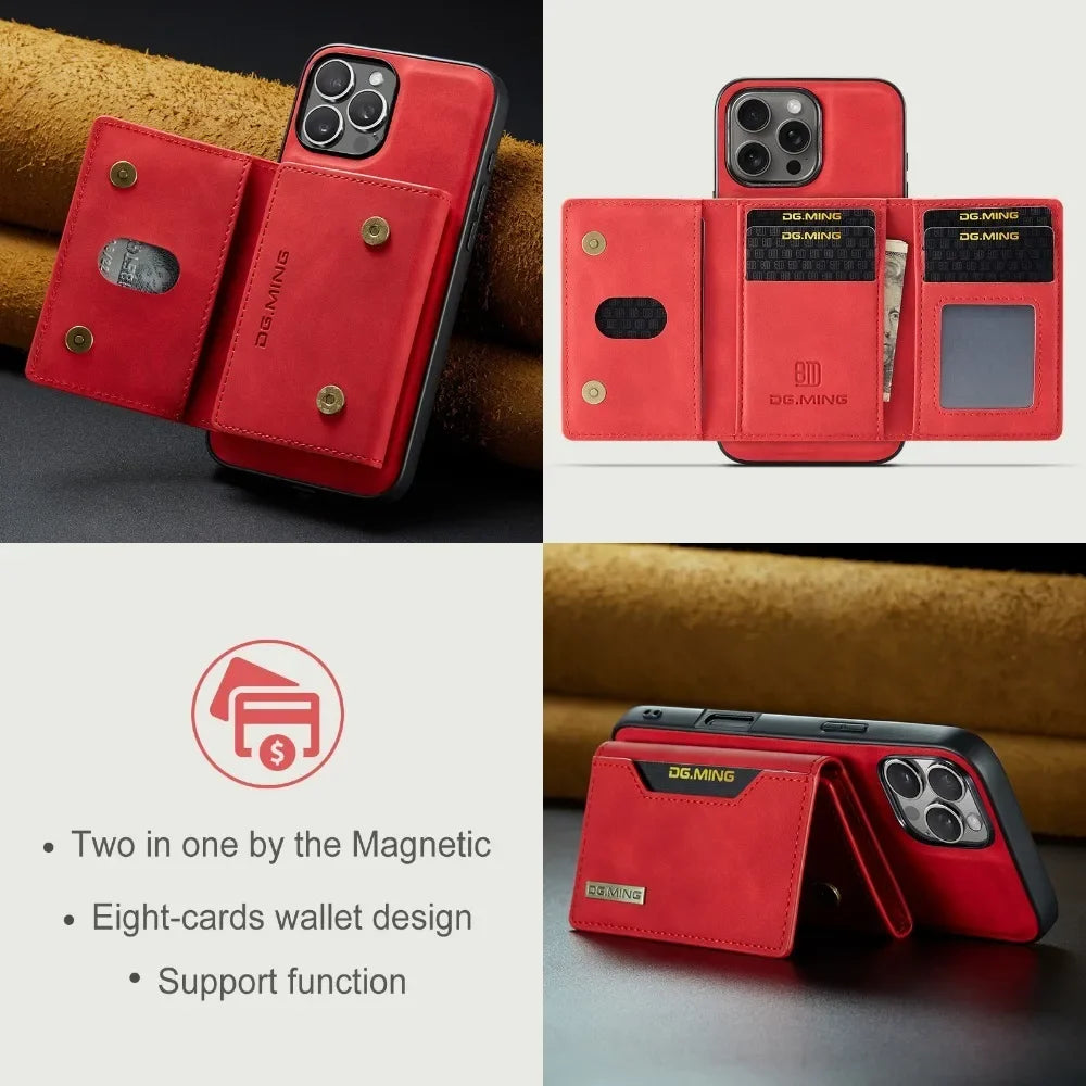 Premium Leder Magnetische Geldbörse mit Kartenhalter iPhone Hülle | MagSafe Case für Apple iPhone 17/17 Air, 16/16e, 15, 14, 13, 12 Pro Max, Plus - Rundumschutz Cover mit Kameralinsenschutz | Panzertasche Handyhülle | Wallet Schutzhülle
