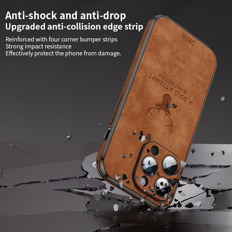 Luxus Stoßstange mit Hirsch-Design und motivierendem Spruch auf Leinwand iPhone-Hülle | MagSafe Case mit Kameraschutzabdeckung | Cover für Apple iPhone 17/17 Air, 16/16e, 15, 14, 13 Pro Max Plus | Panzertasche Hochwertige Handyhülle