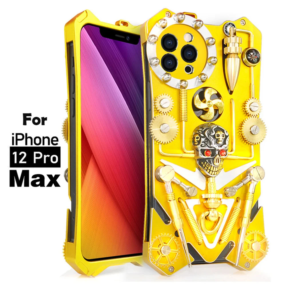 Premium Mechanisches Gaming-Design: Stoßfeste Metall-Handyhülle mit Zahnrad, Ständer | Aluminium-Kühlung, Schädel-Kompass-Case für Apple iPhone 17/17 Air, 16/16e, 15, 14, 13, 12 Pro Max Plus Mini | MagSafe Case, Rundumschutz & Kameralinsenschutz