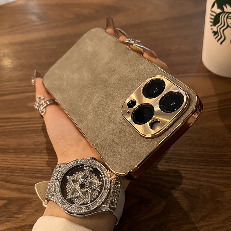 Leder Premium MagSafe Apple iPhone Hülle mit galvanisiertem Rahmen | Goldener Rahmen Case, Kameraschutz - Schutzhülle für iPhone 17/17 Air, 16/16e, 15, 14, 13 Pro Max Plus