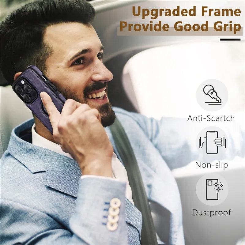 Hochwertige Ultra dünne stoßfeste Leder Textur iPhone Hülle | MagSafe Case mit Kameralinsenschutzabdeckung für Apple iPhone 17/17 Air, 16/16e, 15, 14, 13 Pro Max Plus Cover | Panzertasche, Stoßstangenabdeckung Handyhülle | Premium Schutzhülle