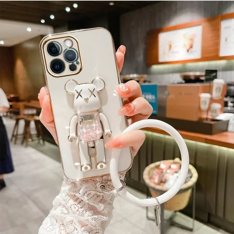 Luxus 3D Bärenhalterung Crossbody Armband mit Riemen & Lanyard iPhone Hülle | MagSafe Case mit Rundumschutz und Kameralinsenschutzabdeckung für Apple iPhone 17/17 Air, 16/16e, 15, 14, 13 Pro Max Plus Cover | Panzertasche Handyhülle | Premium Schutzhülle