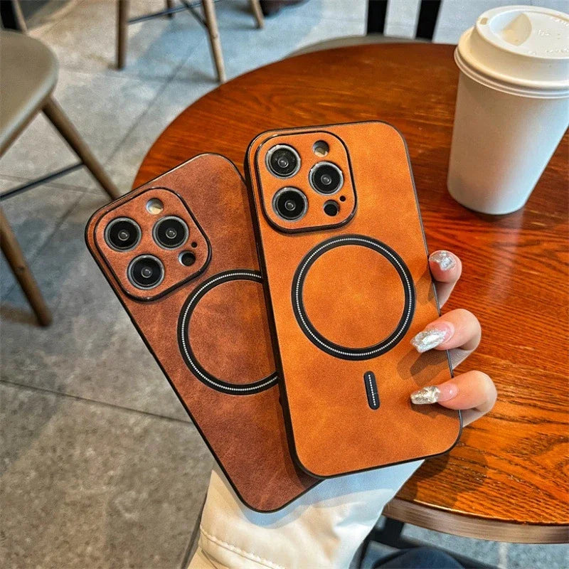 Hochwertige Leder MagSafe Case: Magnetische iPhone-Hülle | Stoßfestes Cover mit Kameraschutzabdeckung – Panzertasche für Apple iPhone 17/17 Air, 16/16e, 15, 14, 13 Pro Max Plus | Luxus Handyhülle