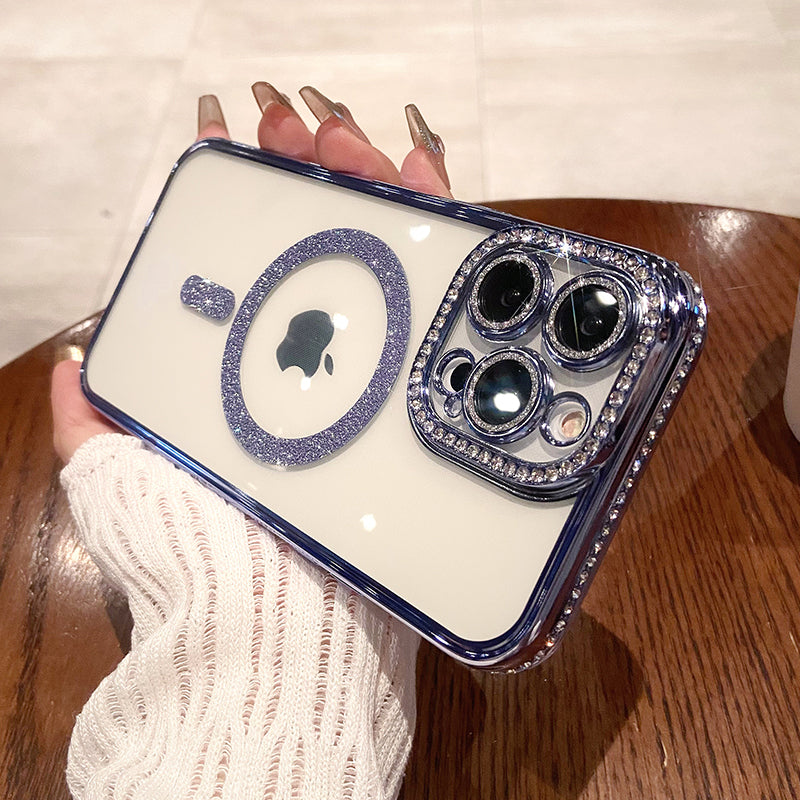 Premium Luxuriöse Rosa Diamant-Glitzer Klarlack iPhone Hülle | MagSafe Case mit Kameralinsenschutzabdeckung für Apple iPhone 17/17 Air, 16/16e, 15, 14, 13 Pro Max Plus Cover | Panzertasche, Stoßstangenabdeckung Schutzhülle