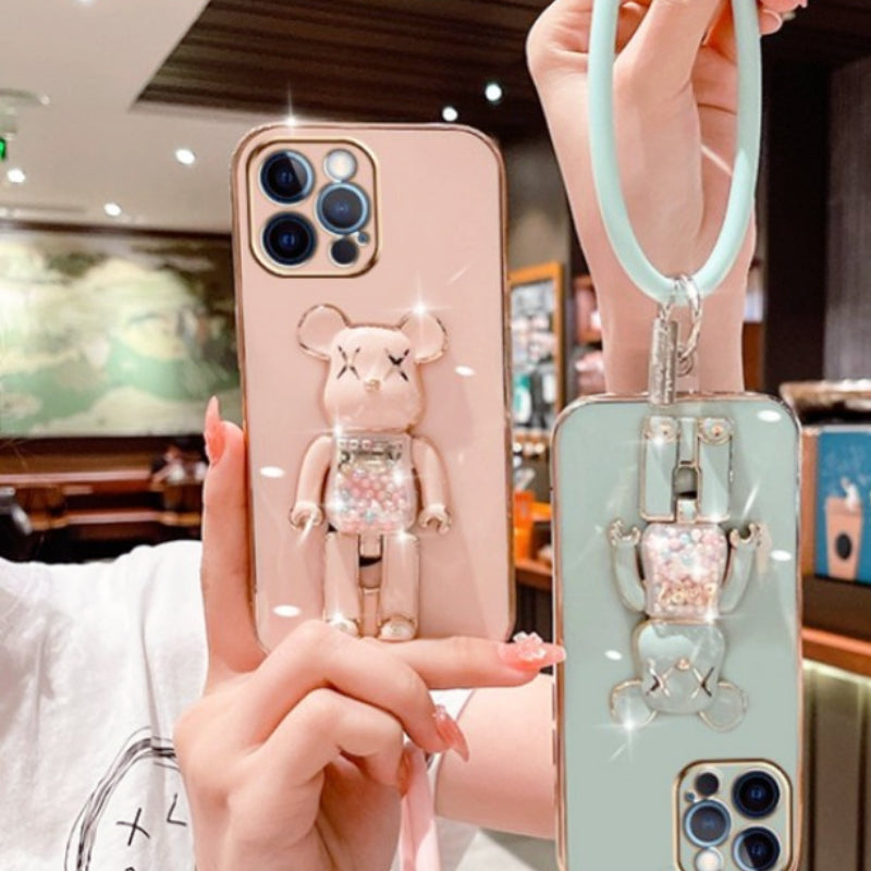 Luxus 3D Bärenhalterung Crossbody Armband mit Riemen & Lanyard iPhone Hülle | MagSafe Case mit Rundumschutz und Kameralinsenschutzabdeckung für Apple iPhone 17/17 Air, 16/16e, 15, 14, 13 Pro Max Plus Cover | Panzertasche Handyhülle | Premium Schutzhülle