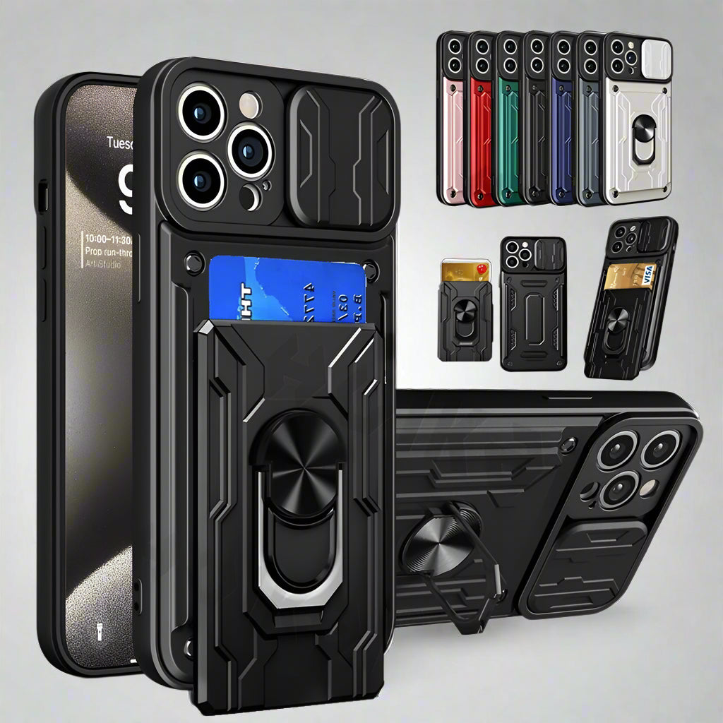 Hochwertiges Silikon-Kartenhalterung Ring Magnetständer iPhone Hülle | MagSafe Case Rundumschutz und Kameralinsenschutzabdeckung für Apple iPhone 17/17 Air, 16/16e, 15, 14, 13 Pro Max Plus Cover | Panzertasche Handyhülle | Premium Wallet Schutzhülle