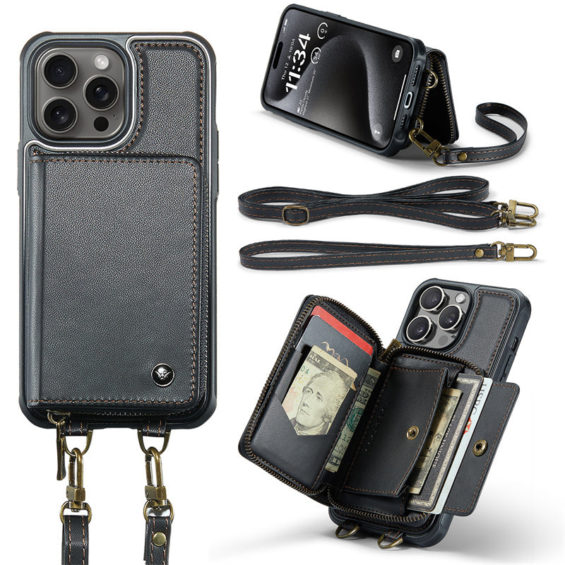 Étui portefeuille en cuir de luxe pour iPhone – Coque bandoulière MagSafe premium avec porte-cartes, fonction support & bandoulière, protection 360° antichoc, design fin, tout organisé – idéal pour extérieur & travail