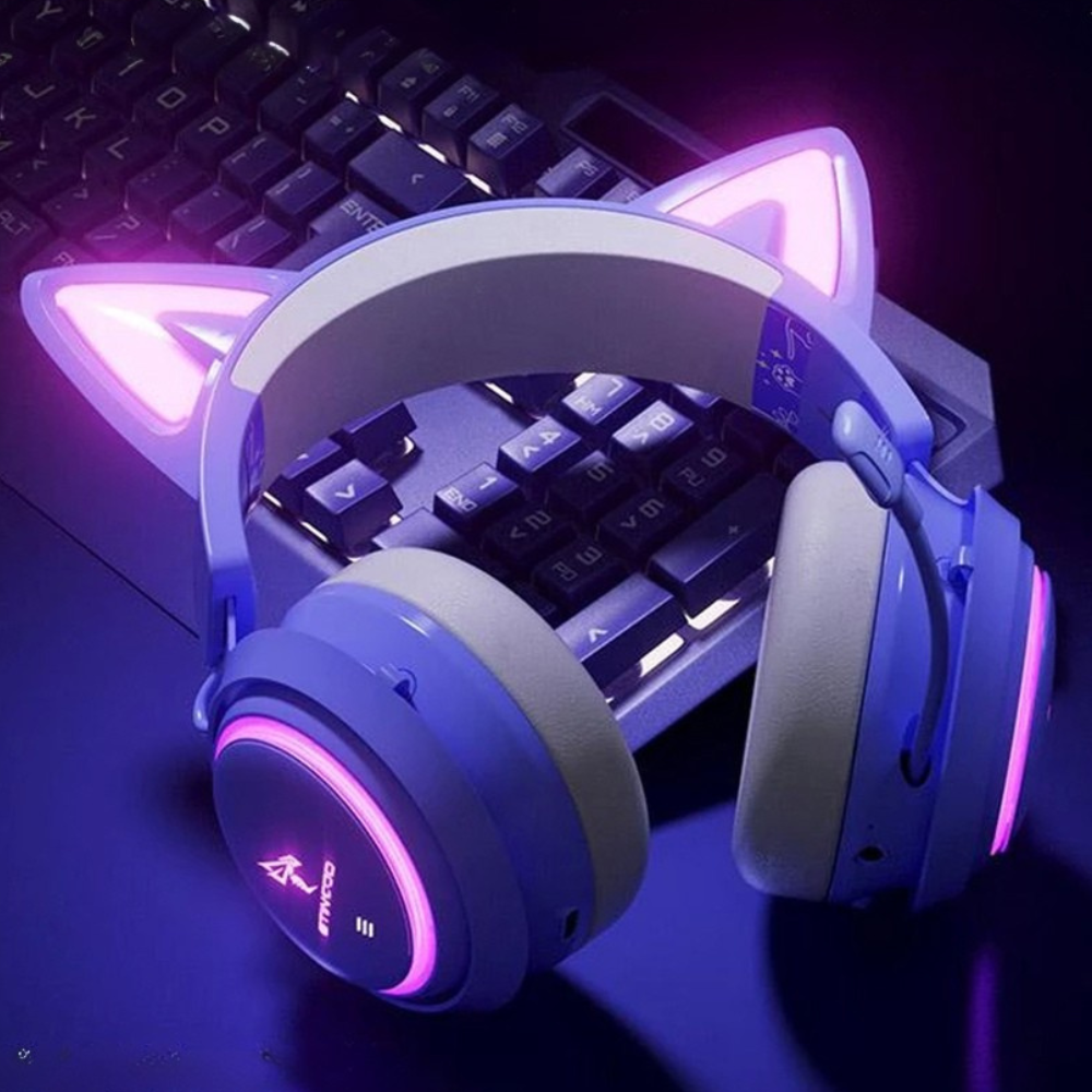 Premium Gaming-Headset mit Katzenohren und RGB-Beleuchtung – Over-Ear Kopfhörer mit Geräuschunterdrückung, Surround Sound, integriertem Mikrofon, verstellbarem Bügel & Kabelanschluss – Ideal für PC, Laptop, Streaming, Online-Gaming & Sprachchat