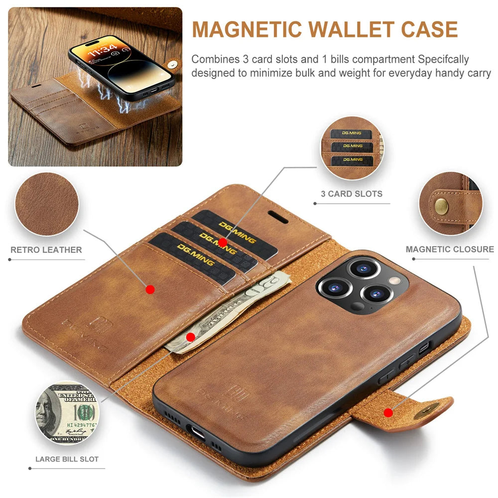 Hochwertige Abnehmbare Magnetische Leder iPhone Hülle | MagSafe Case mit Brieftasche & Kartenhalter für Apple iPhone 17/17 Air, 16/16e, 15, 14, 13 Pro Max, Plus - Rundumschutz Cover mit Kameralinsenschutz | Panzertasche & Wallet Schutzhülle
