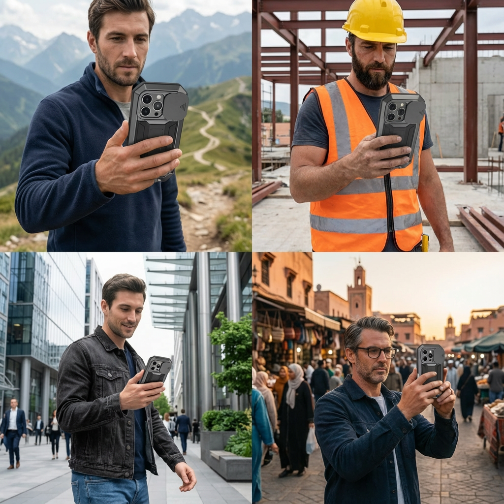 Military Heavy-Duty Metal iPhone Case – Full-Body Hybrid Cover with Slide Camera Protection & Built-in Screen Protector