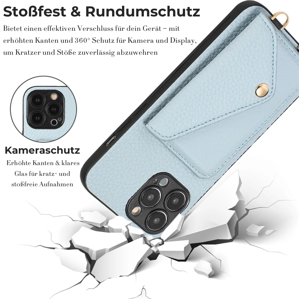 Hochwertige Crossbody-Brieftaschen-Ledertasche Apple iPhone-Hülle mit Kartenhalter und Portemonnaie-Funktion | Luxus Lanyard Case mit Umhängeband und Geldbörsenfunktion | Wallet Premium Stoßfänger Cover Sturzsichere Handyschutzhülle