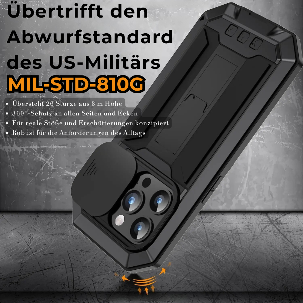 Military Heavy-Duty Metal iPhone Case – Full-Body Hybrid Cover with Slide Camera Protection & Built-in Screen Protector
