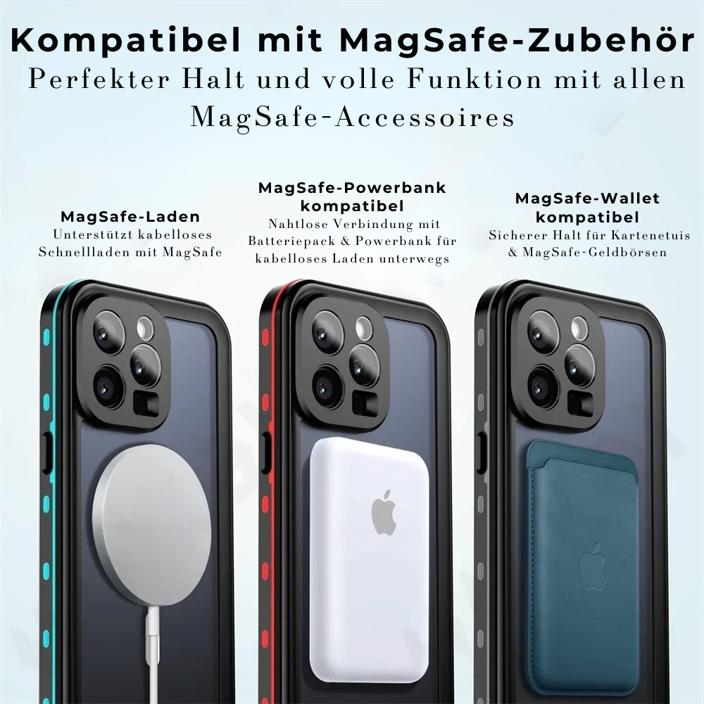 Premium IP68 Wasserdichte Magnet-Hülle mit MagSafe für Apple iPhone 16/16e, 15, 14, 13, 12 Pro Max, Pro, Plus & Mini: 360° Vollschutz Case, Militärpanzer-Design | Staubdicht, Stoßfest Cover mit Kameraschutz | Ideal für Tauchen und Schwimmen