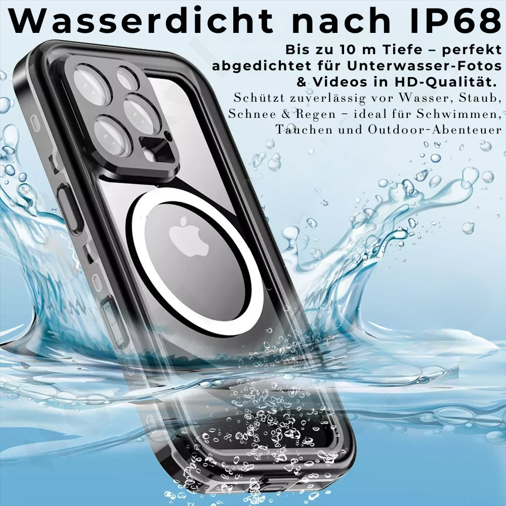 Premium IP68 Wasserdichte Magnet-Hülle mit MagSafe für Apple iPhone 16/16e, 15, 14, 13, 12 Pro Max, Pro, Plus & Mini: 360° Vollschutz Case, Militärpanzer-Design | Staubdicht, Stoßfest Cover mit Kameraschutz | Ideal für Tauchen und Schwimmen