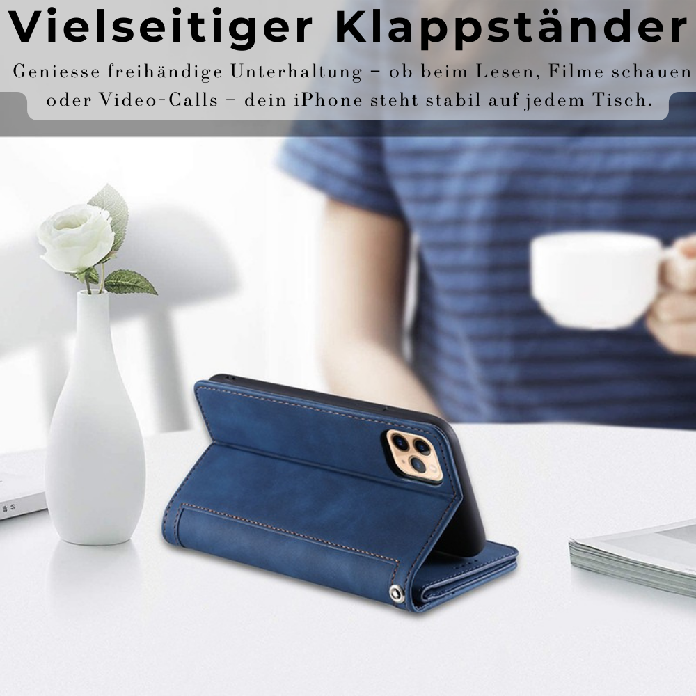 Hochwertige Leder-Handyhülle mit Reißverschluss, Kartenhalter, Stand und Riemen iPhone Hülle | Flip-Cover Case für Apple iPhone 17/17 Air, 16/16e, 15, 14, 13, 12 Pro Max, Pro, Plus & Mini - Vielseitige Schutzhülle