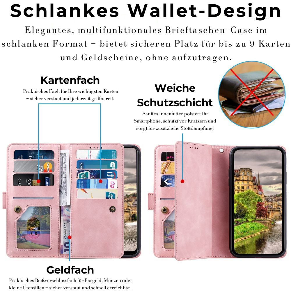 Hochwertige Leder-Handyhülle mit Reißverschluss, Kartenhalter, Stand und Riemen iPhone Hülle | Flip-Cover Case für Apple iPhone 17/17 Air, 16/16e, 15, 14, 13, 12 Pro Max, Pro, Plus & Mini - Vielseitige Schutzhülle