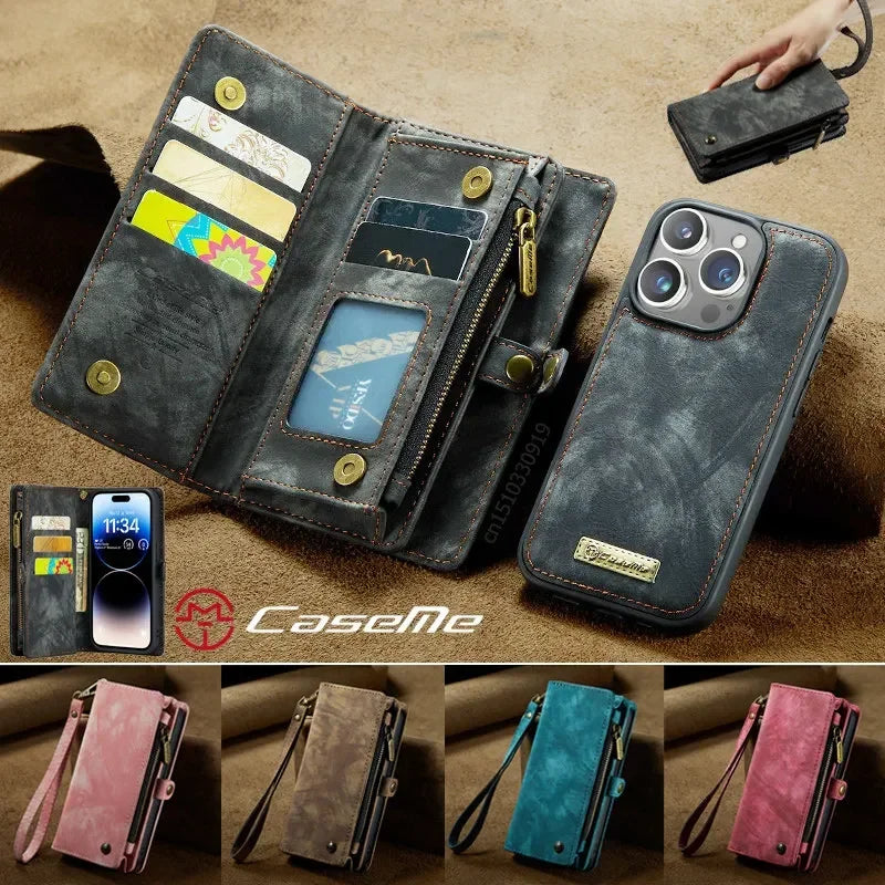 Hochwertiges 2-in-1 Abnehmbare Leder Brieftasche Flip Stand iPhone Hülle | MagSafe Case, Rundumschutz, Kameralinsenschutzabdeckung für Apple iPhone 17/17 Air, 16/16e, 15, 14, 13 Pro Max Plus Cover | Panzertasche Handyhülle | Wallet & Geldbörse Schutzhülle